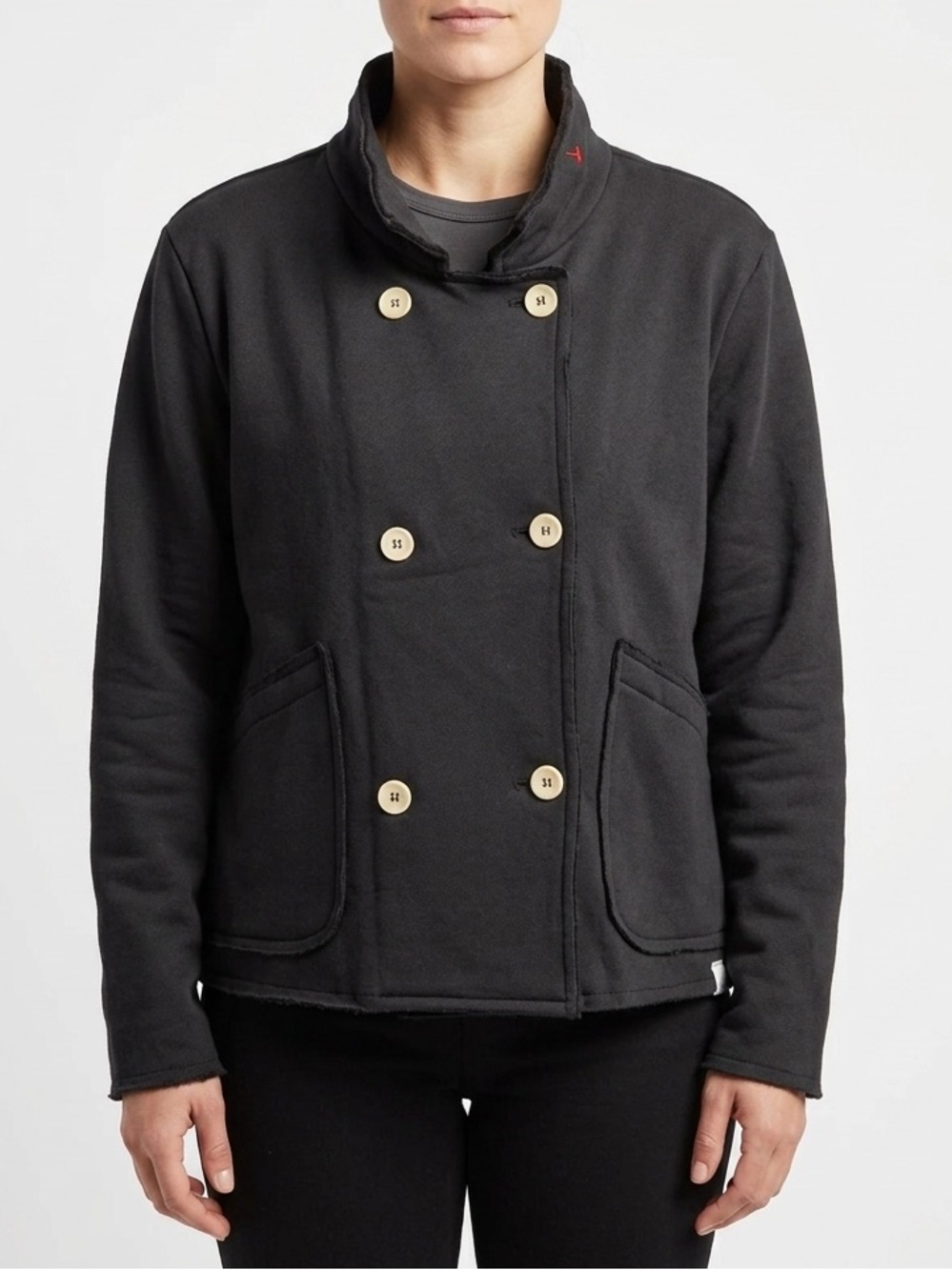 Fisoew Women’s Black Cropped Jacket XL Double Breasted Button Mock Neck Casual